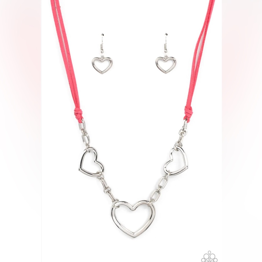 New Pink suede and silver hearts necklace